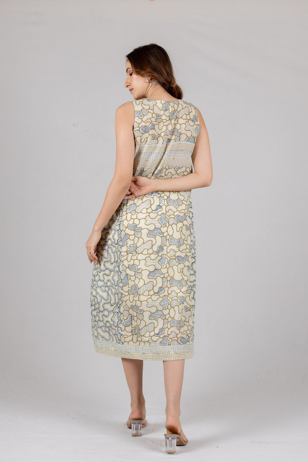 Ajrakh Block Print Sleeveless A-Line Dress with Pockets - Kai
