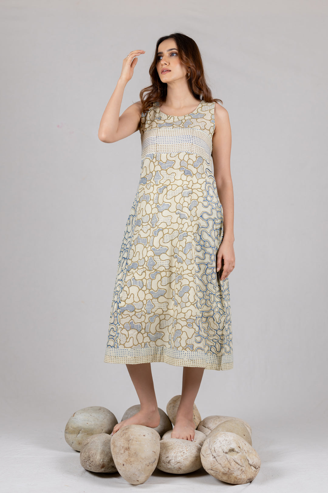 Ajrakh Block Print Sleeveless A-Line Dress with Pockets - Kai