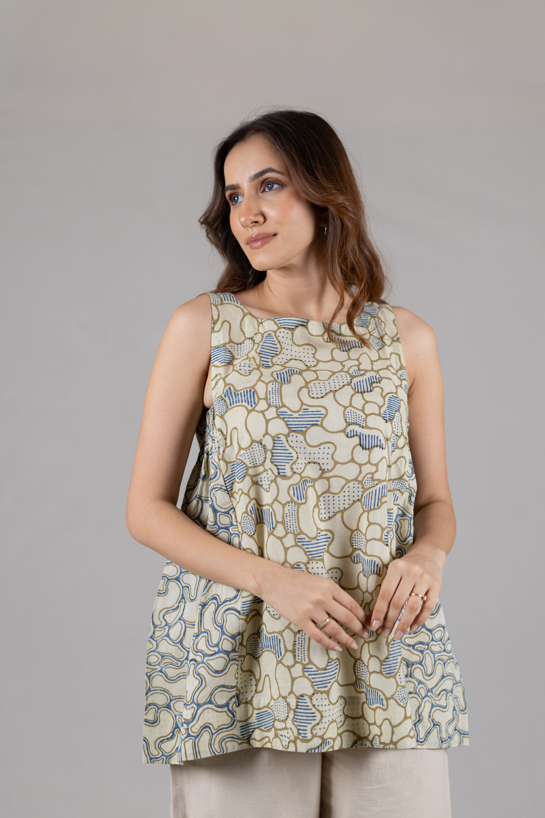 Ajrakh Block Print Sleeveless Top with Flare Detail – Kai
