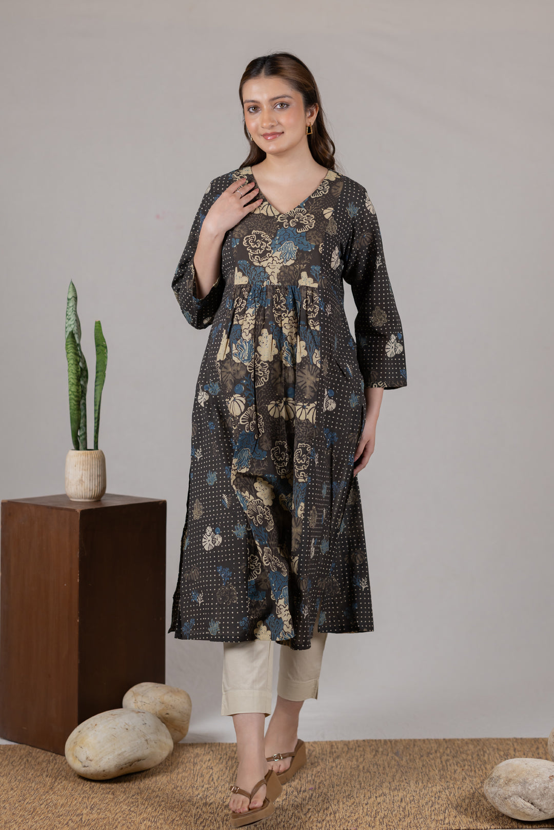 Ajrakh Cotton Block Print V Neck Kurta in Black - Kai