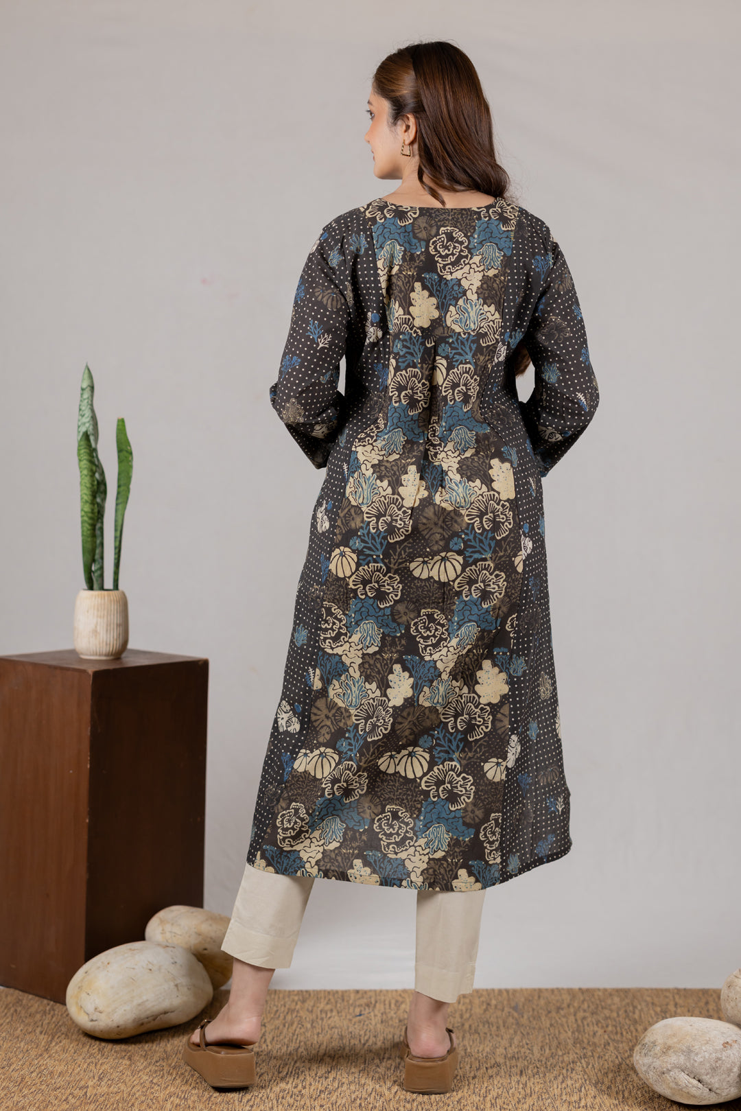Ajrakh Cotton Block Print V Neck Kurta in Black - Kai