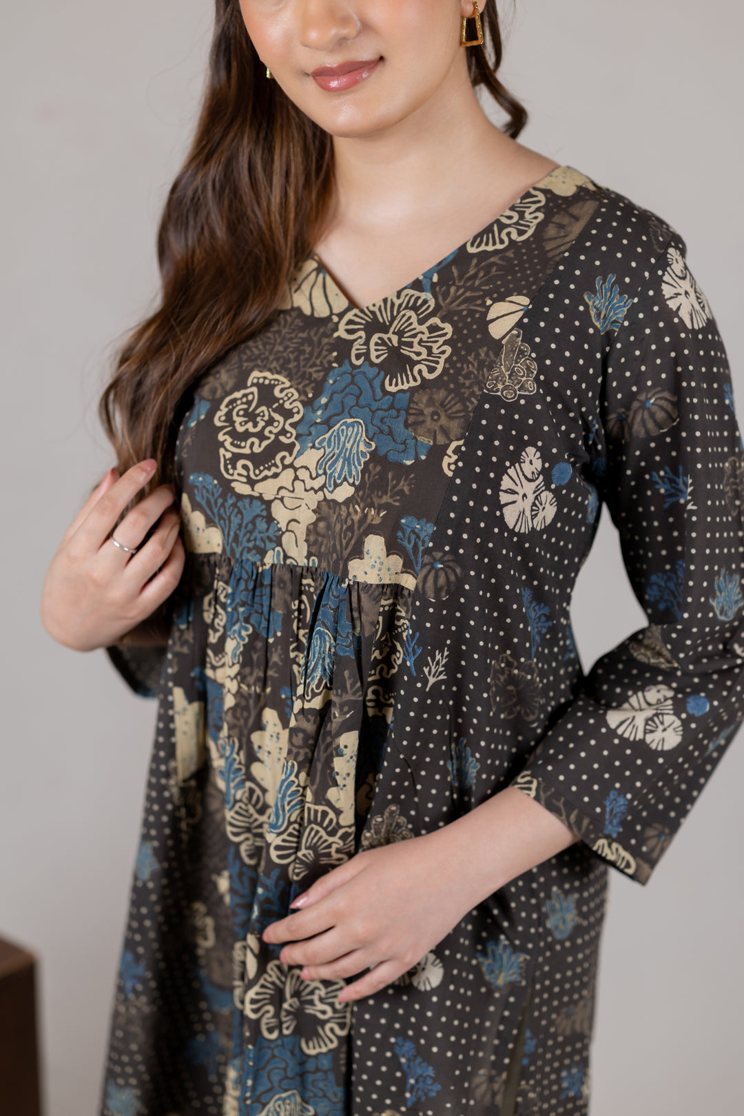 Ajrakh Cotton Block Print V Neck Kurta in Black - Kai