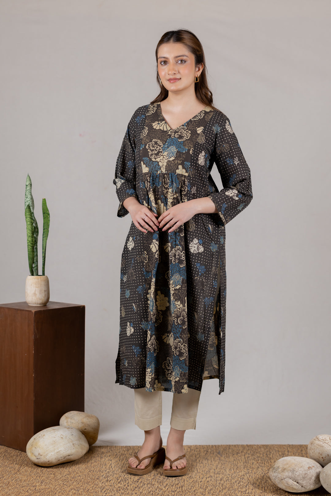 Ajrakh Cotton Block Print V Neck Kurta in Black - Kai