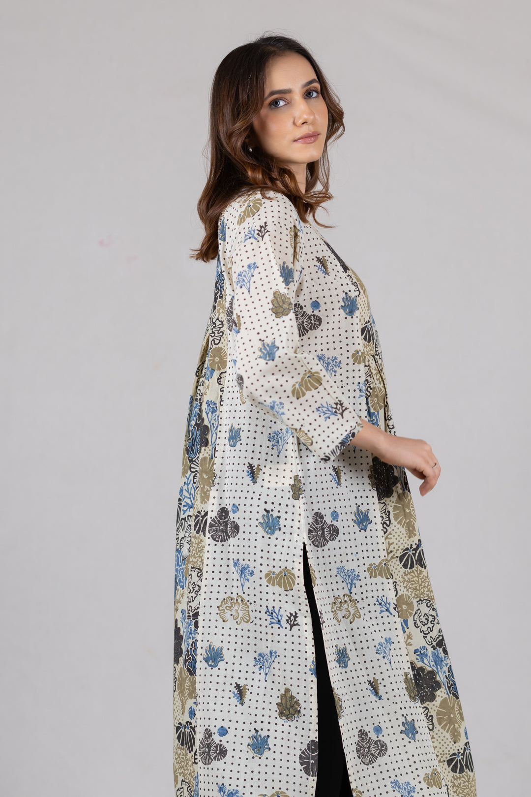 Ajrakh Cotton Block Print V Neck Kurta in Off White- Kai