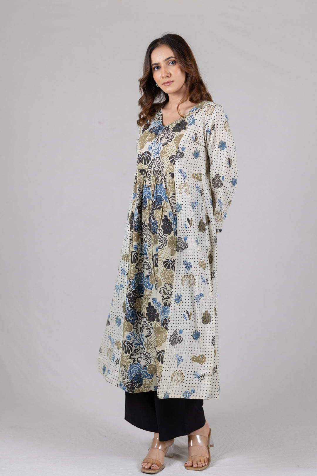 Ajrakh Cotton Block Print V Neck Kurta in Off White- Kai
