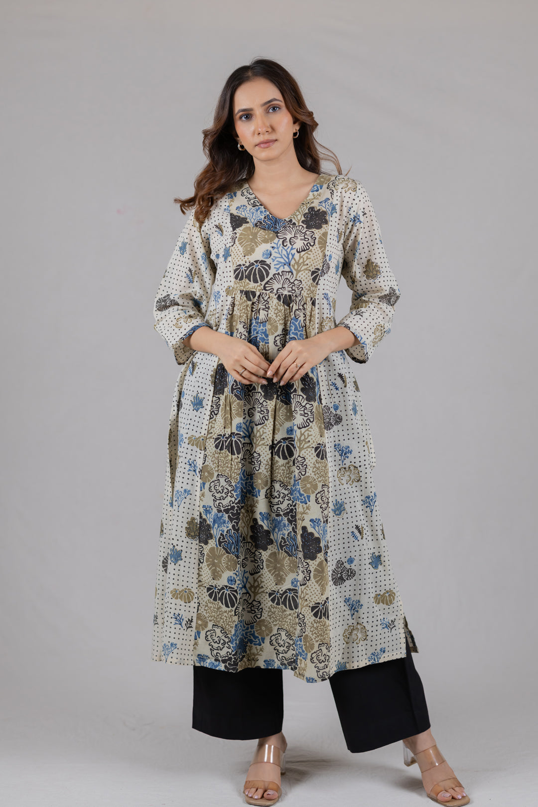 Ajrakh Cotton Block Print V Neck Kurta in Off White- Kai