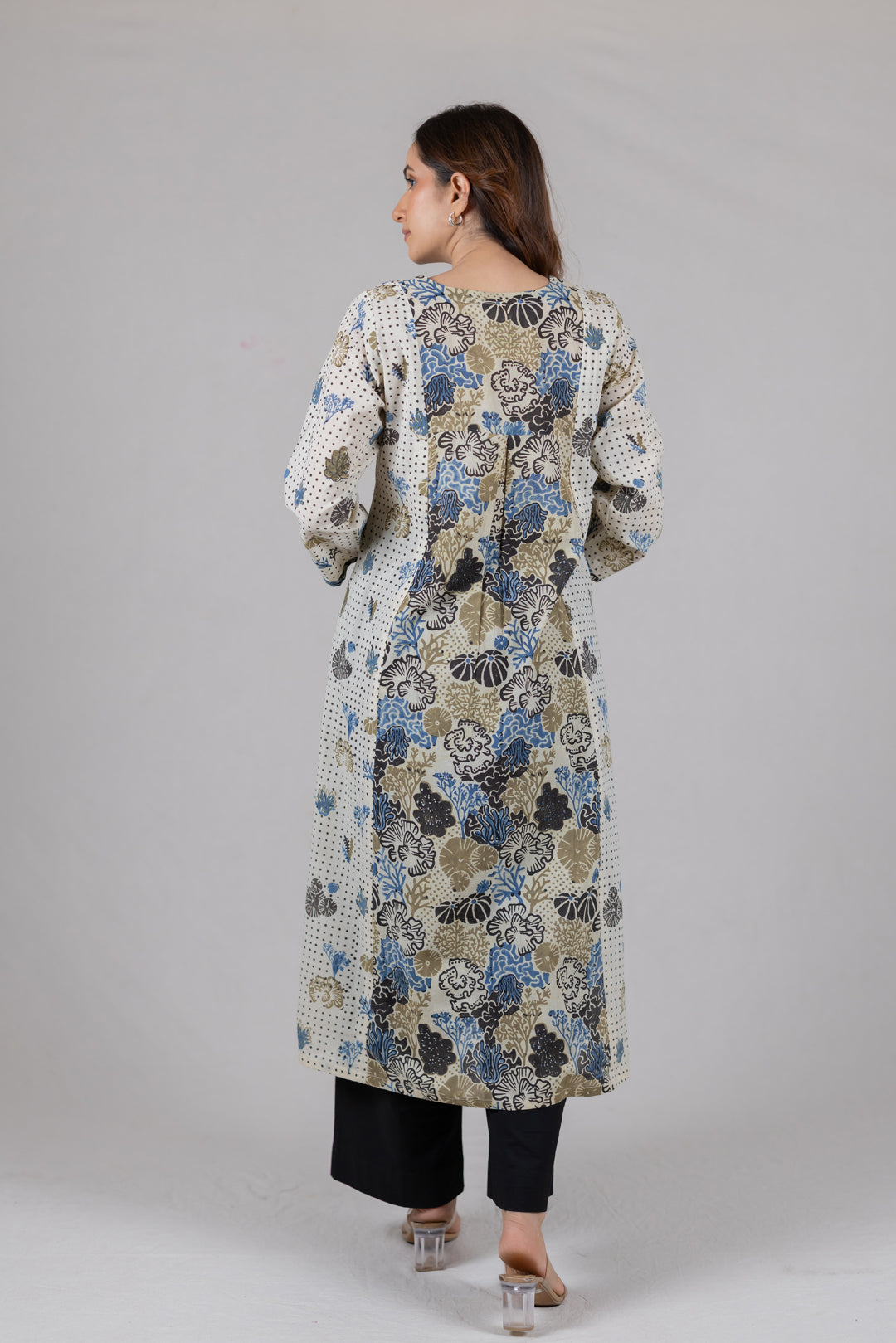Ajrakh Cotton Block Print V Neck Kurta in Off White- Kai