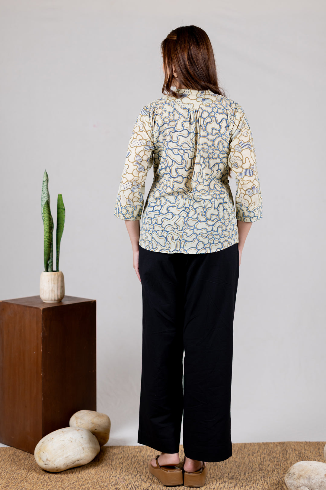Ajrakh Cotton Mandarin Collar Placket Top - Kai