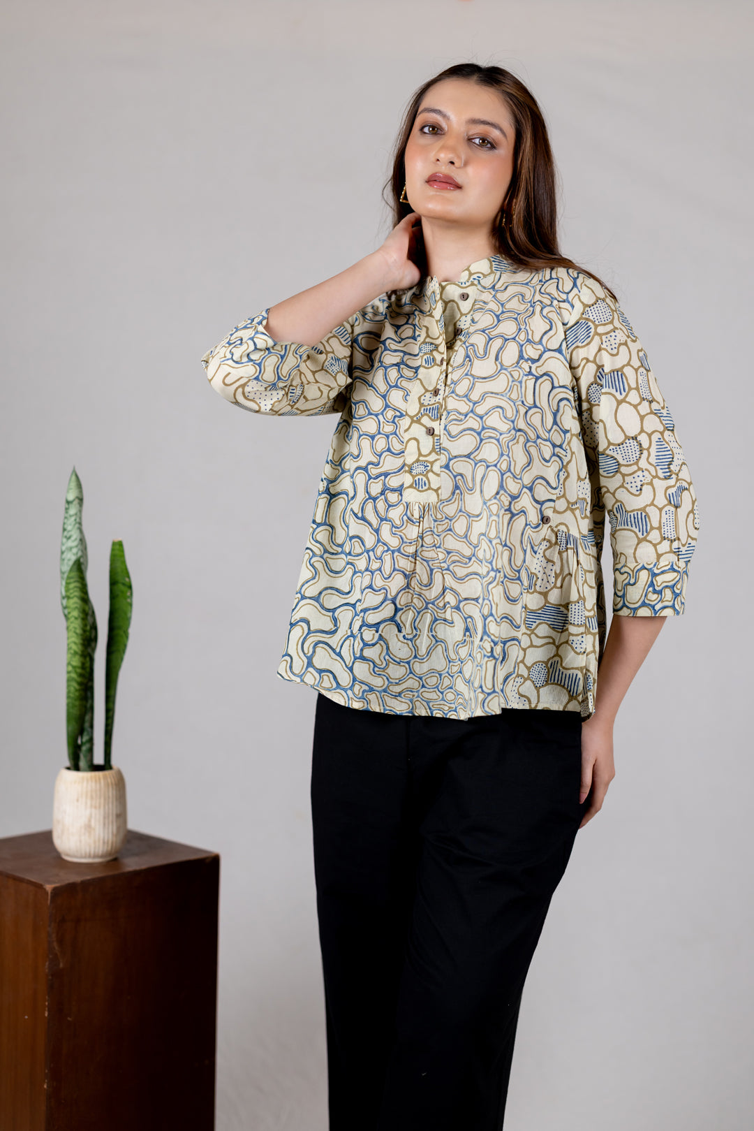 Ajrakh Cotton Mandarin Collar Placket Top - Kai