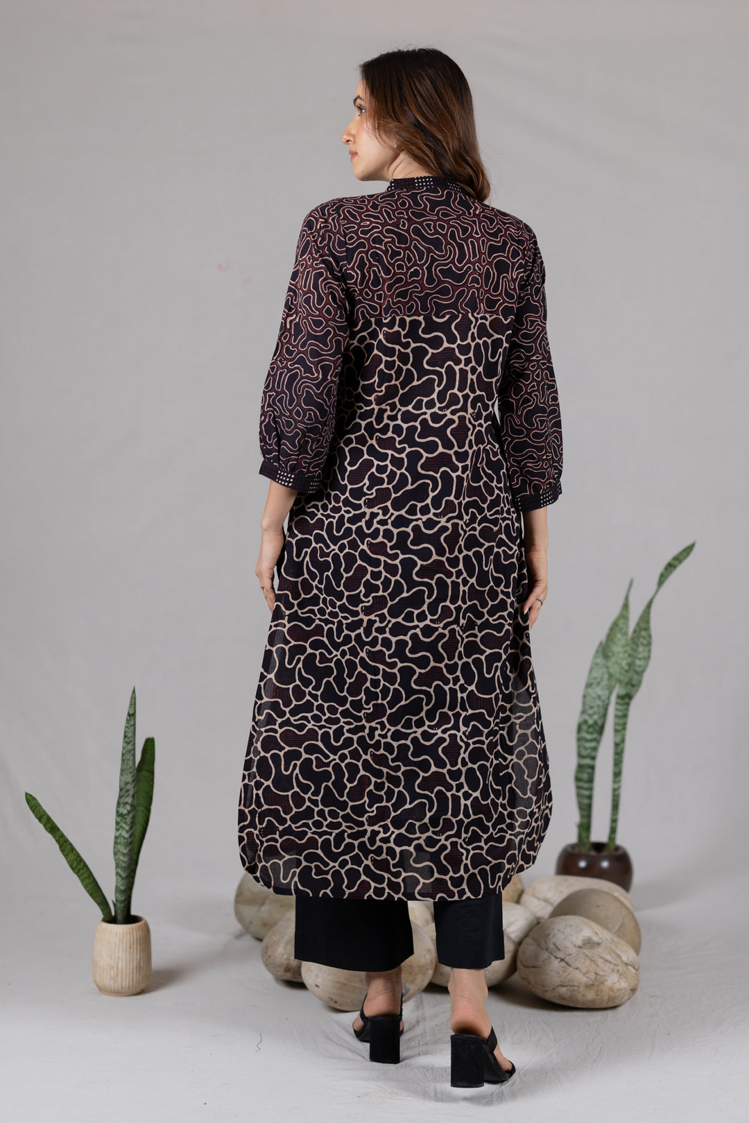 Ajrakh Cotton Round Neck Kurta in Black - Kai