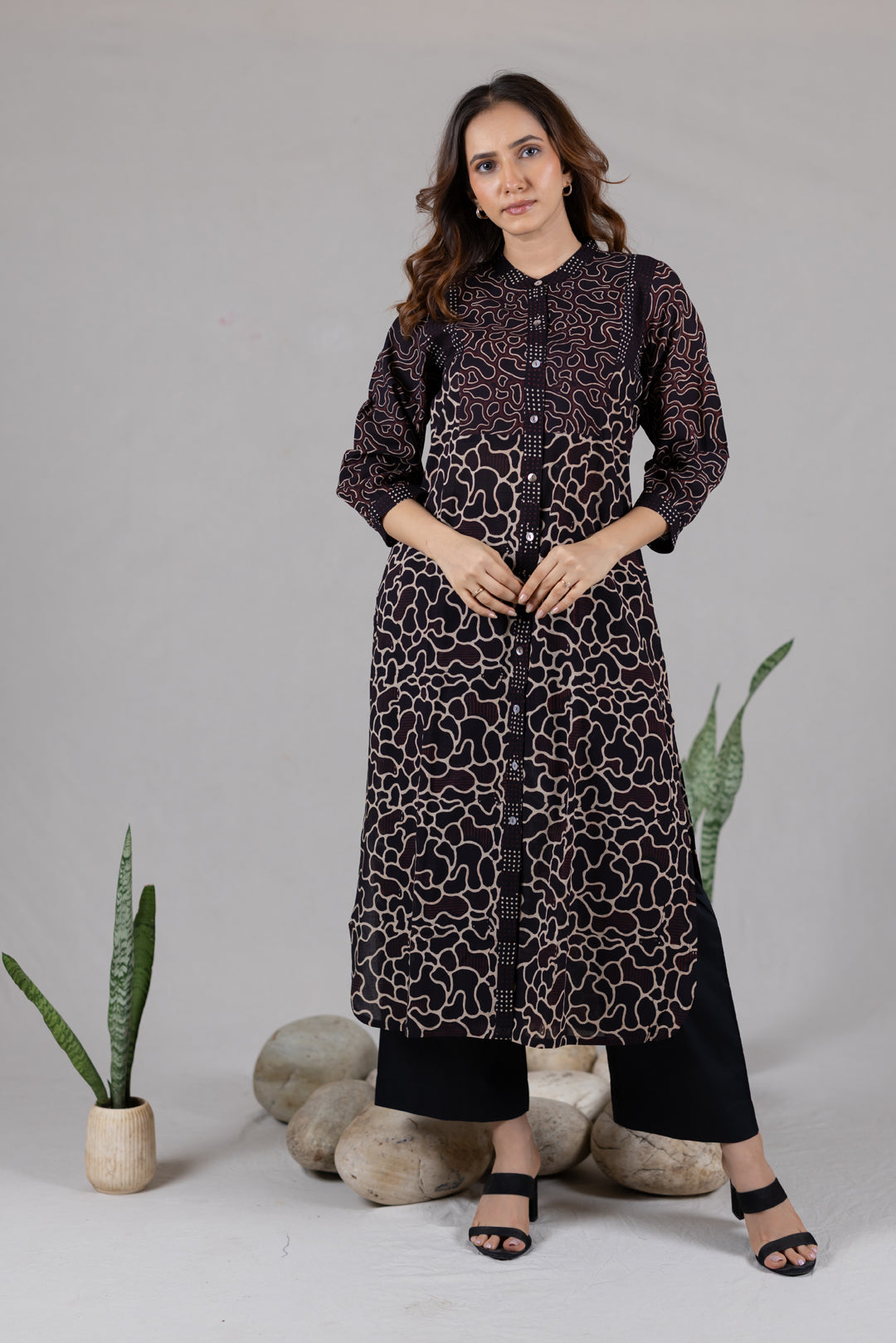 Ajrakh Cotton Round Neck Kurta in Black - Kai