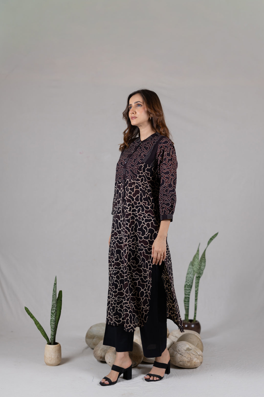 Ajrakh Cotton Round Neck Kurta in Black - Kai