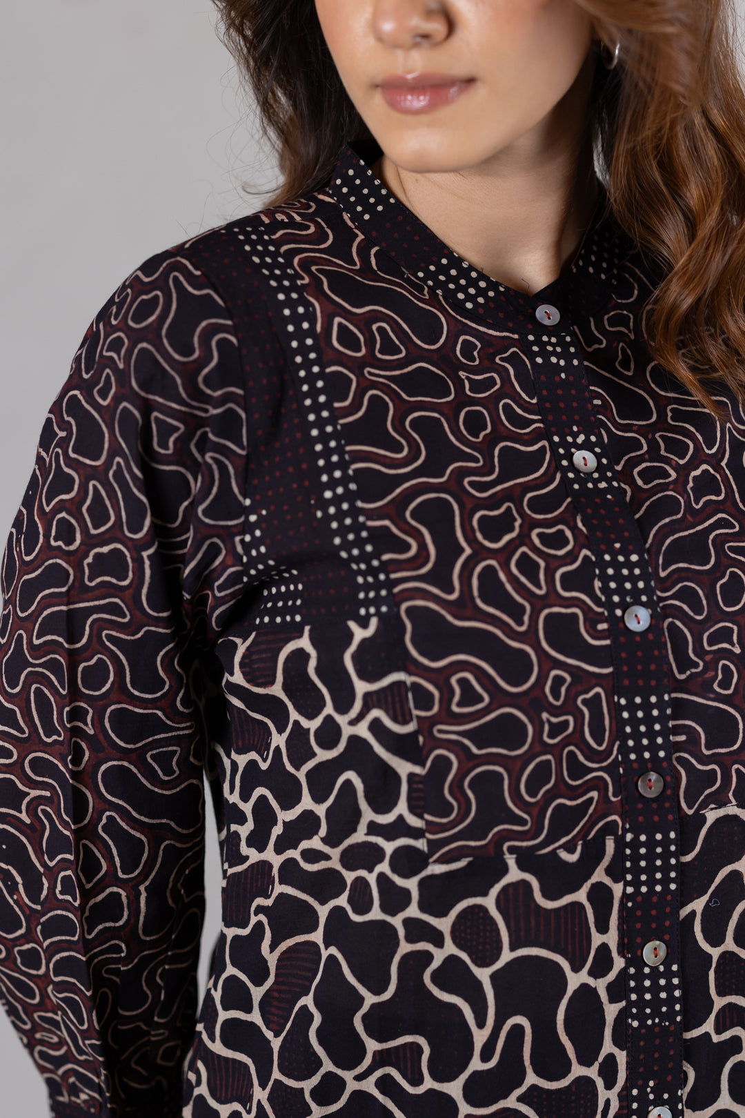 Ajrakh Cotton Round Neck Kurta in Black - Kai