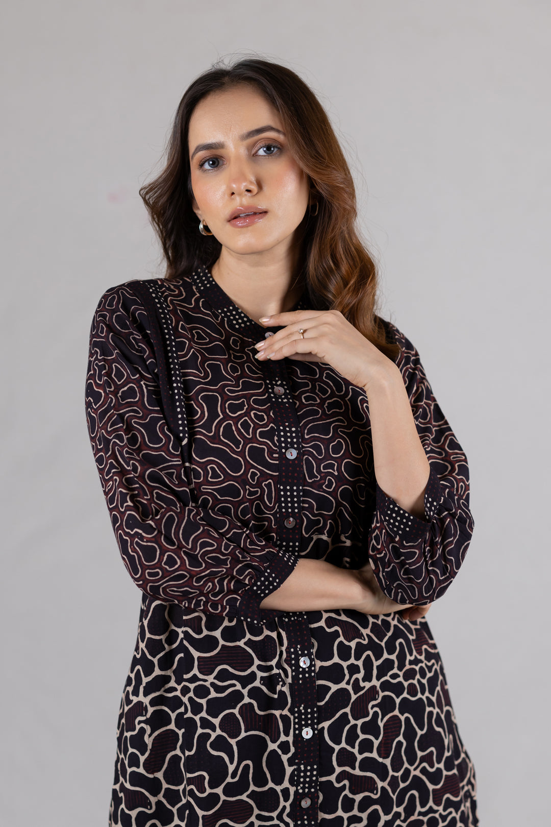 Ajrakh Cotton Round Neck Kurta in Black - Kai