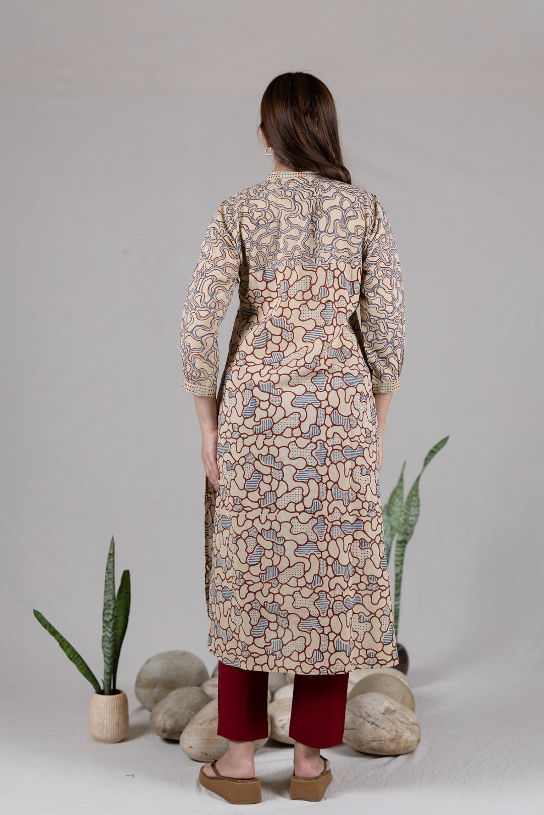 Ajrakh Cotton Round Neck Kurta with Placket - Kai