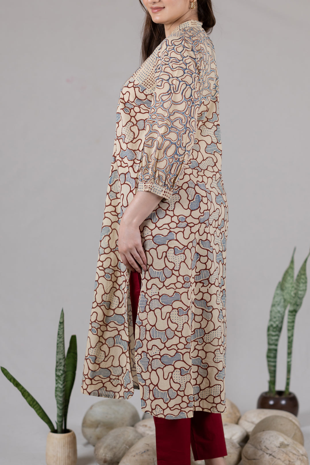 Ajrakh Cotton Round Neck Kurta with Placket - Kai