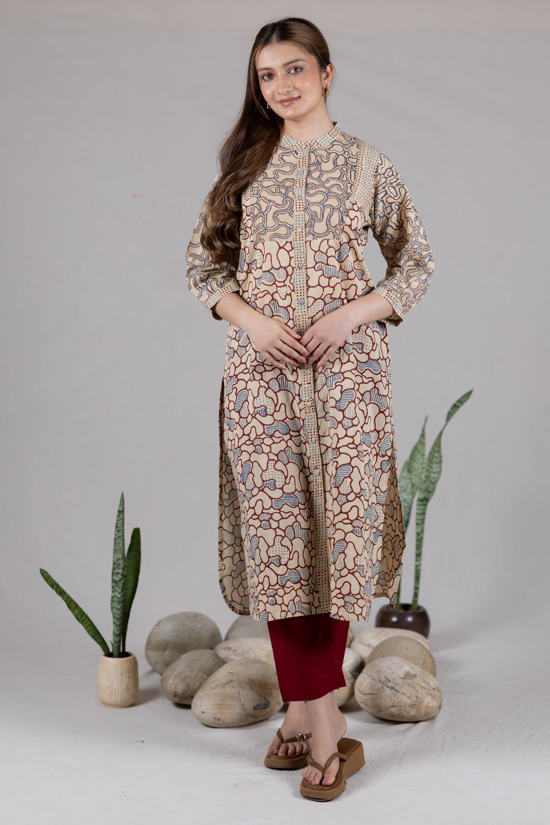 Ajrakh Cotton Round Neck Kurta with Placket - Kai