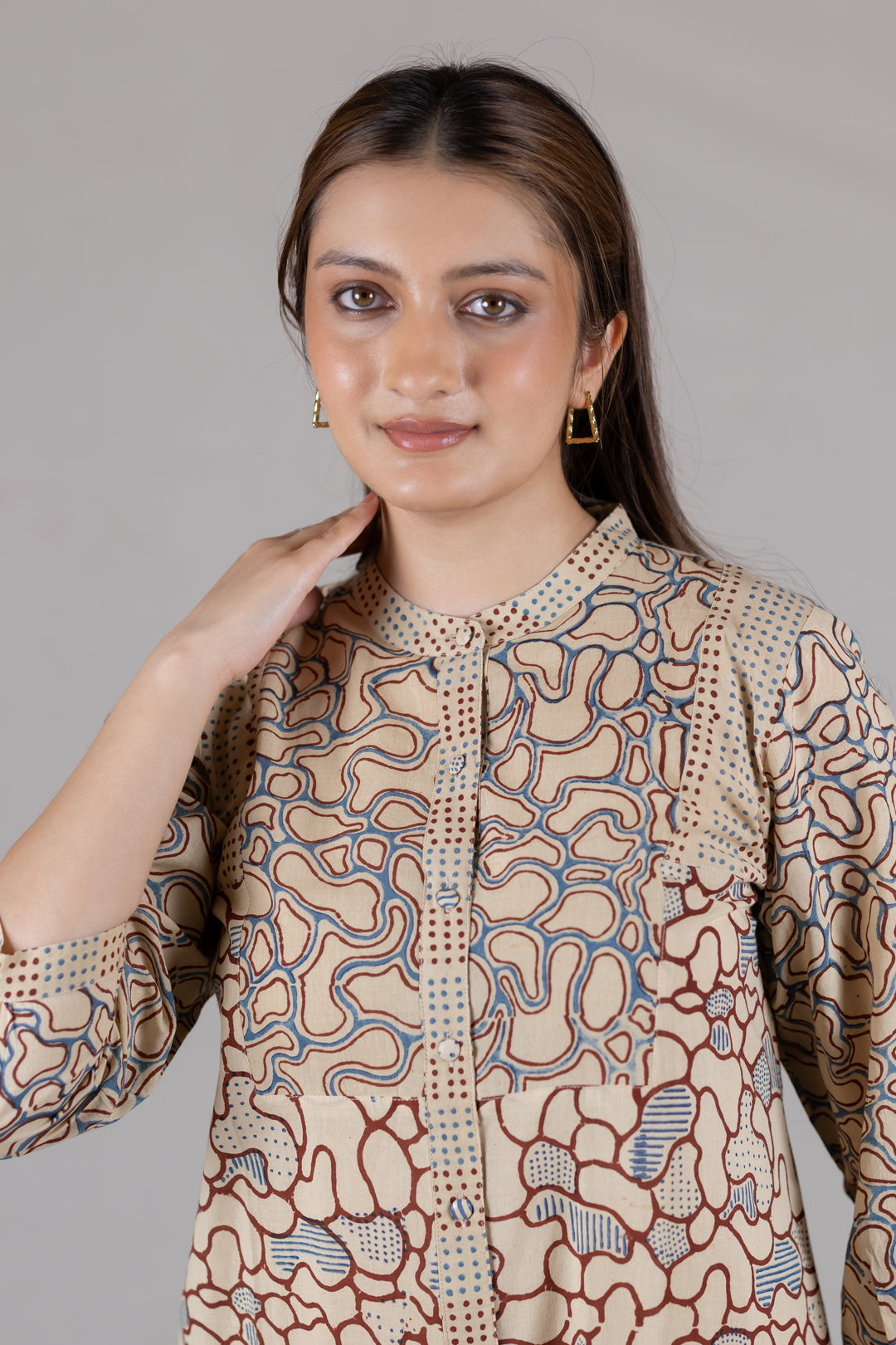 Ajrakh Cotton Round Neck Kurta with Placket - Kai
