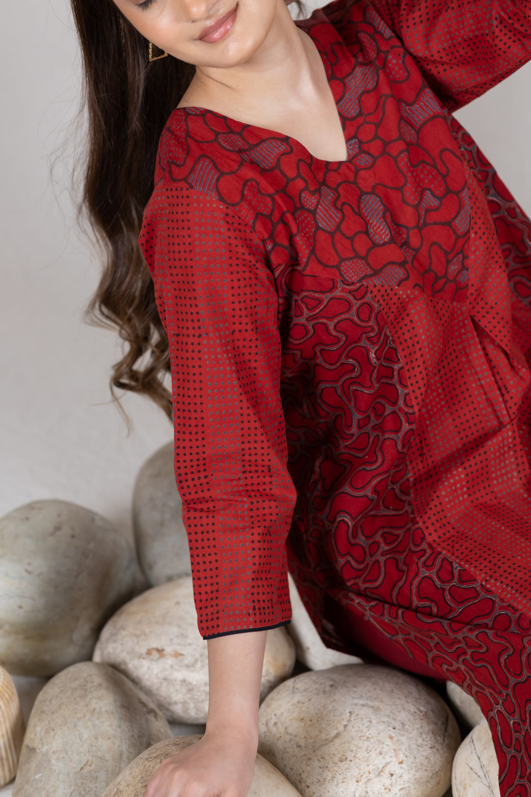 Ajrakh Cotton V-Neck Pleated Kurta in Maroon - Kai