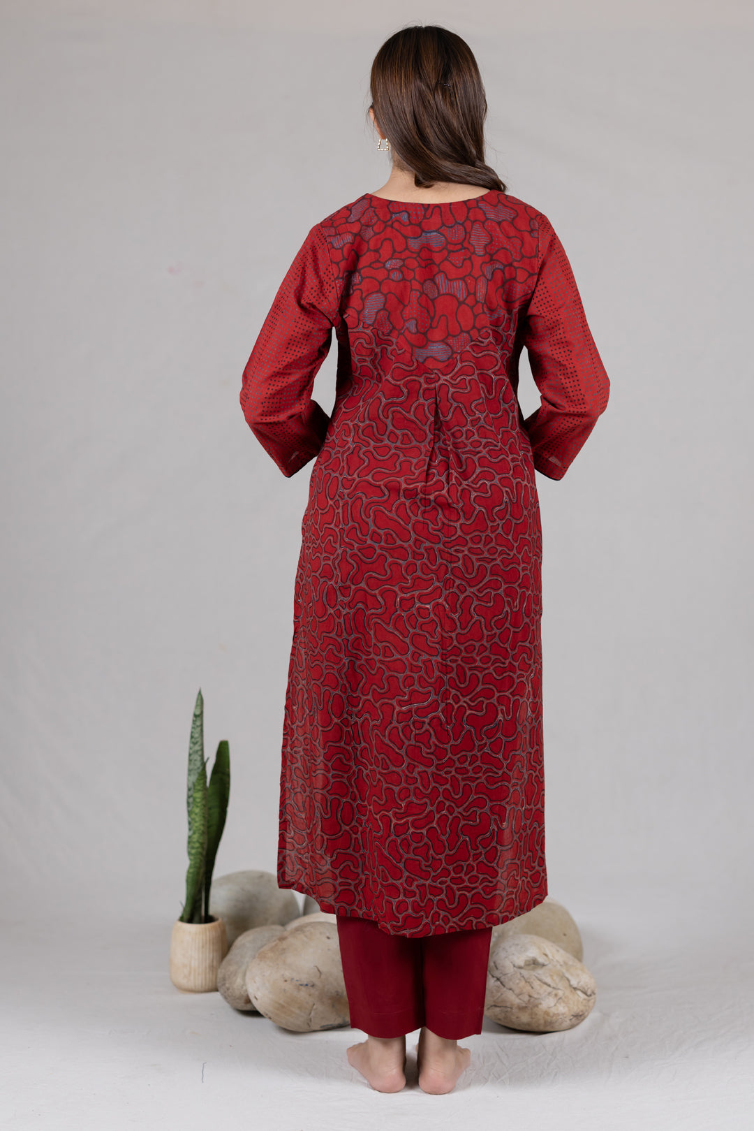 Ajrakh Cotton V-Neck Pleated Kurta in Maroon - Kai