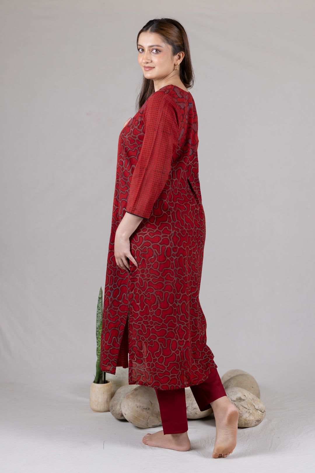 Ajrakh Cotton V-Neck Pleated Kurta in Maroon - Kai