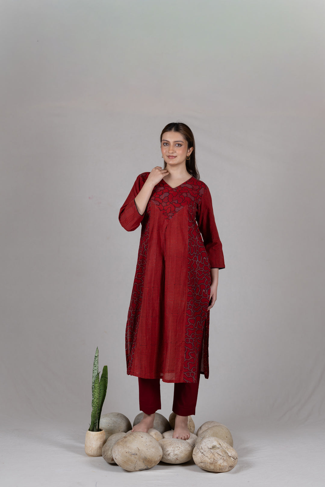 Ajrakh Cotton V-Neck Pleated Kurta in Maroon - Kai