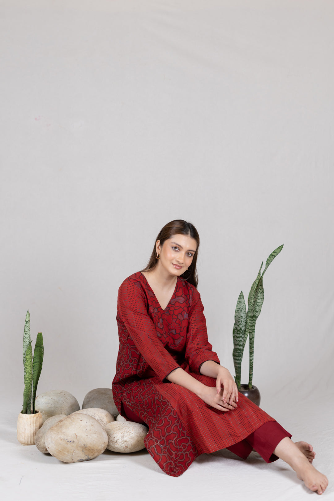 Ajrakh Cotton V-Neck Pleated Kurta in Maroon - Kai