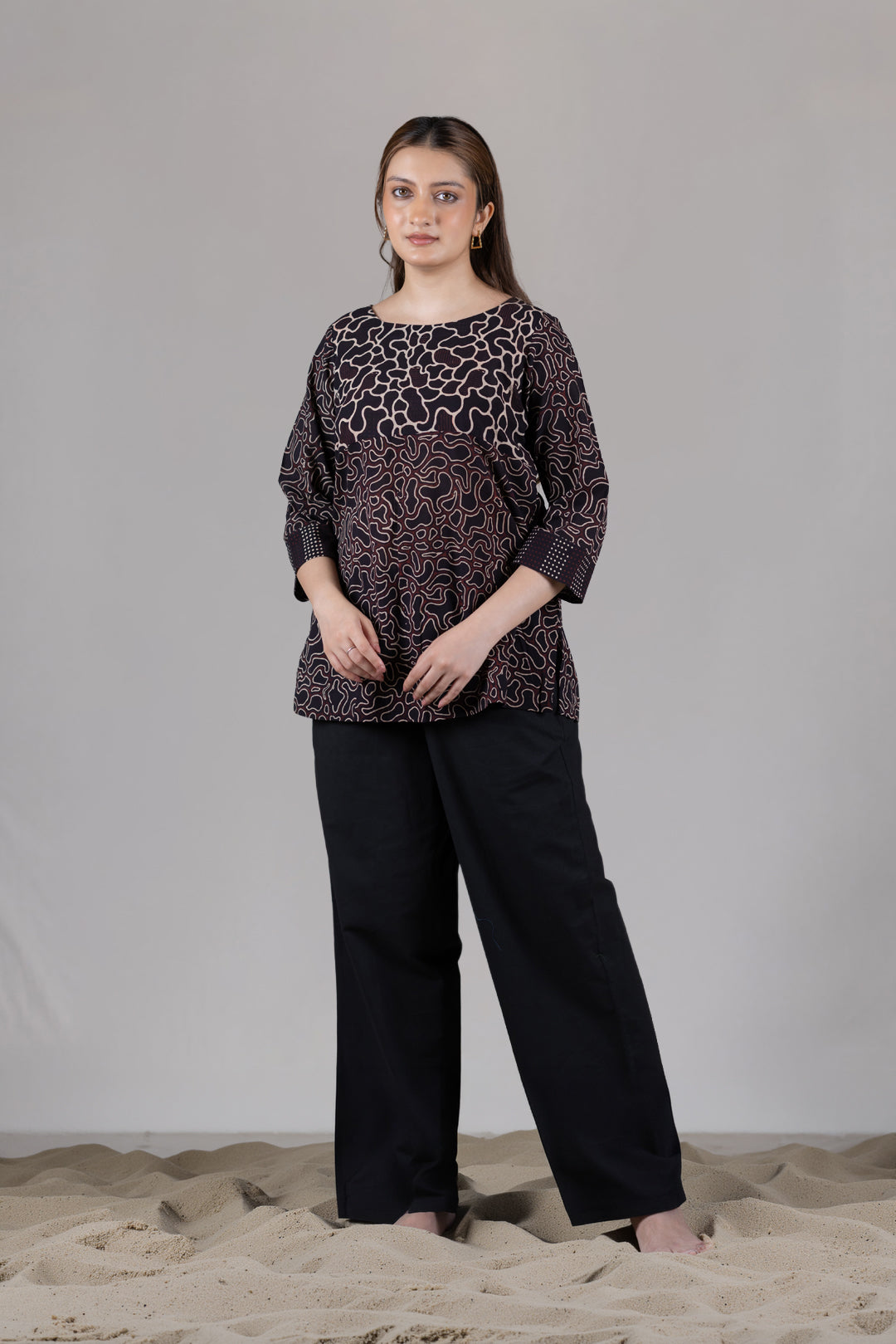 Ajrakh Block Print Boat Neck Top in Black - Kai