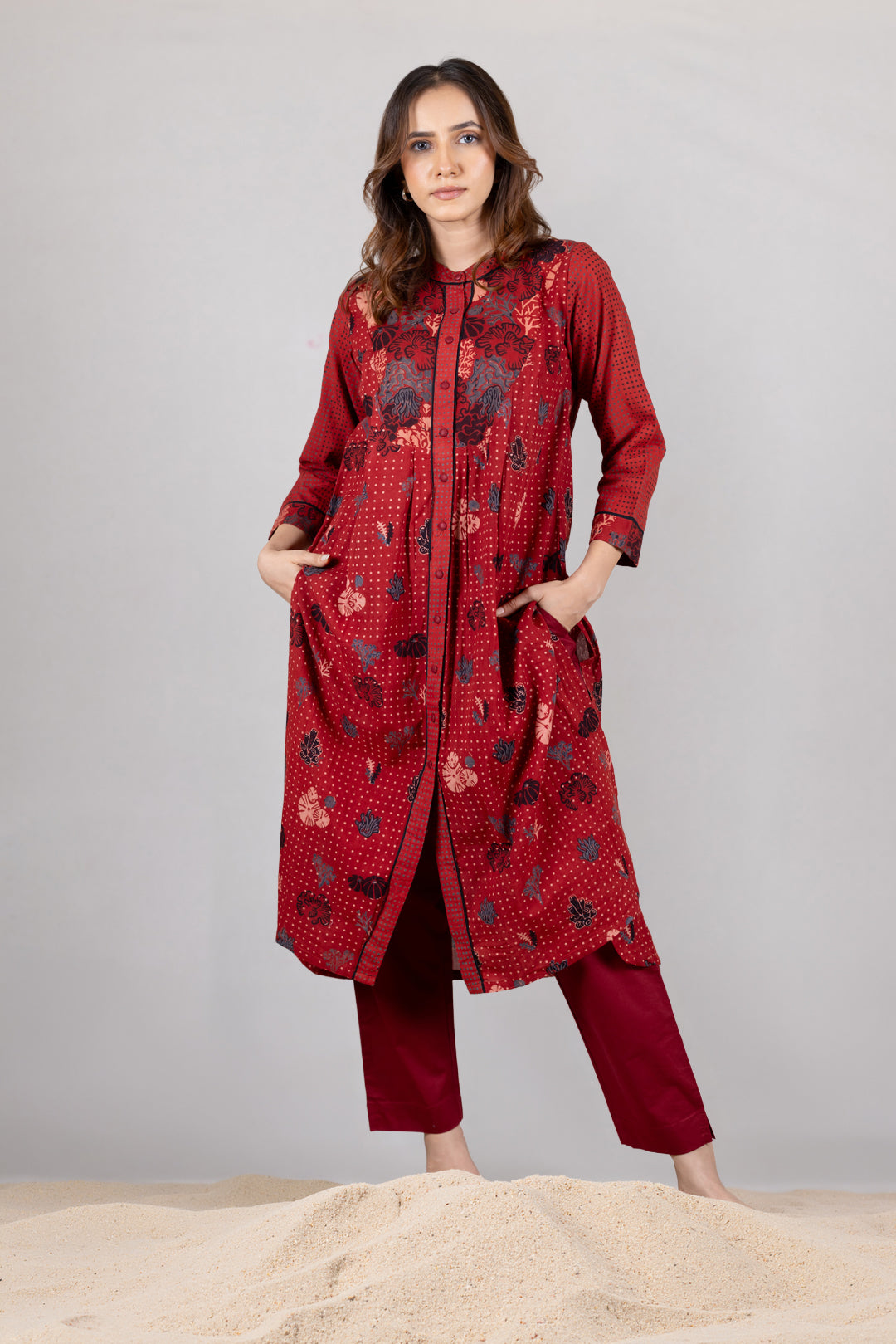 Ajrakh Block Print Placket Kurta in Maroon – Kai
