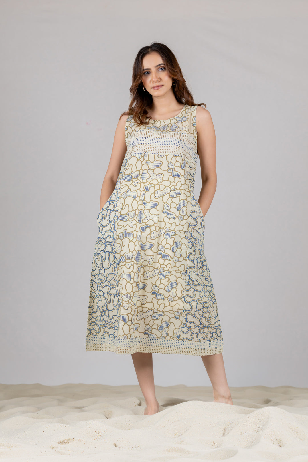 Ajrakh Block Print Sleeveless A-Line Dress with Pockets - Kai