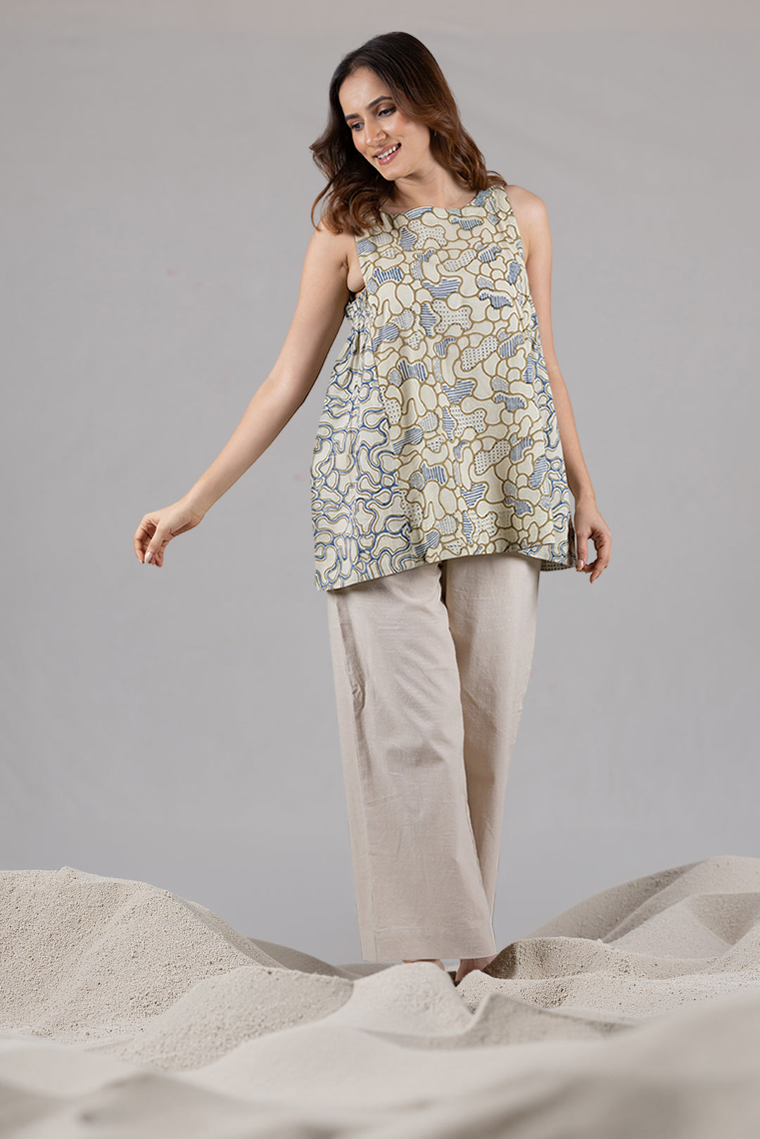 Ajrakh Block Print Sleeveless Top with Flare Detail – Kai