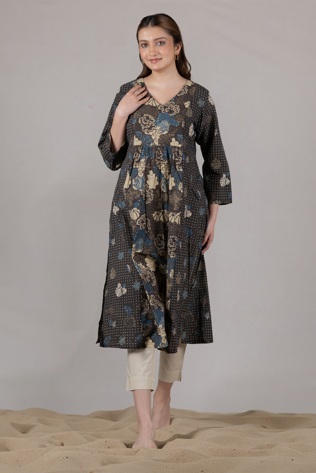 Ajrakh Cotton Block Print V Neck Kurta in Black - Kai