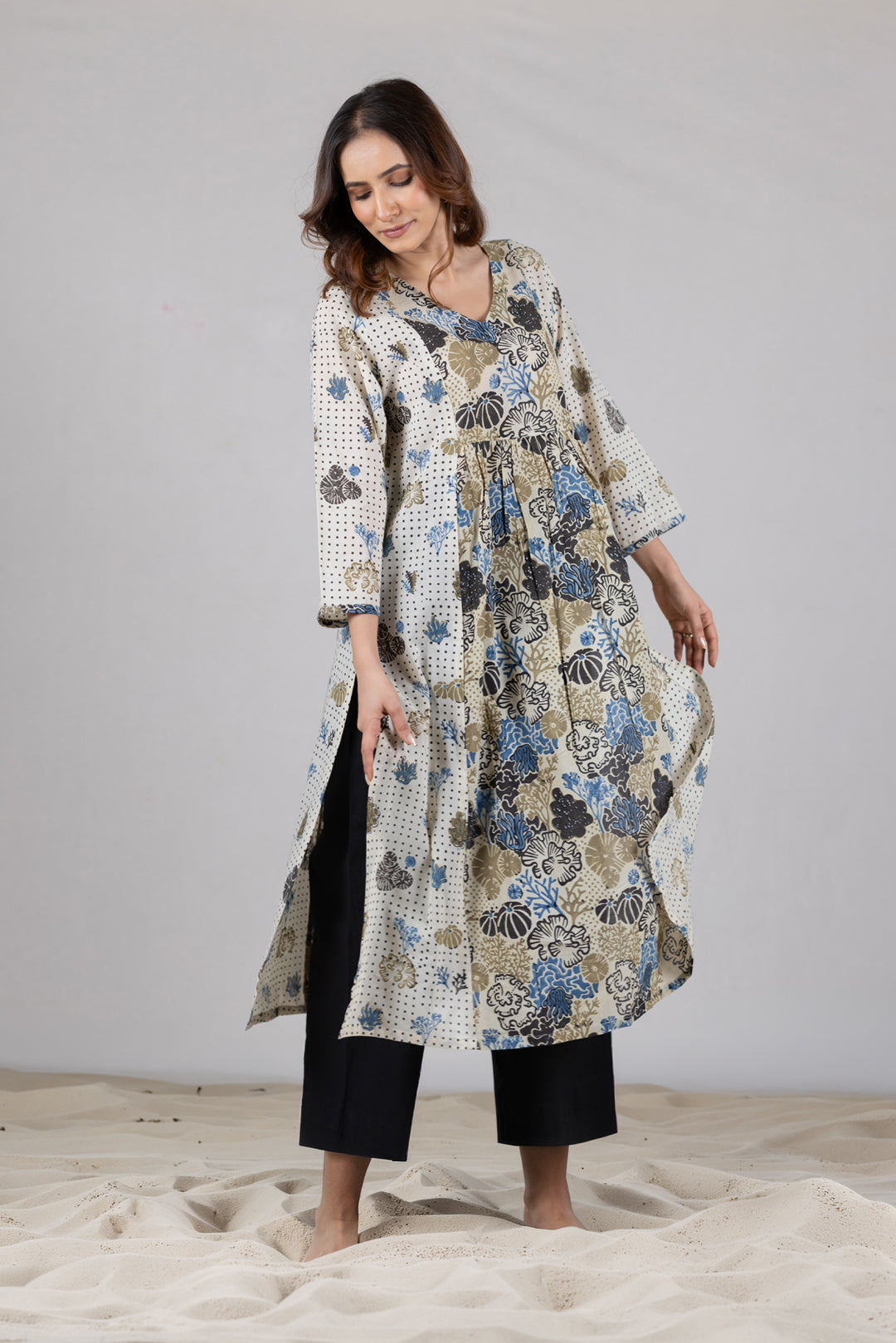 Ajrakh Cotton Block Print V Neck Kurta in Off White- Kai