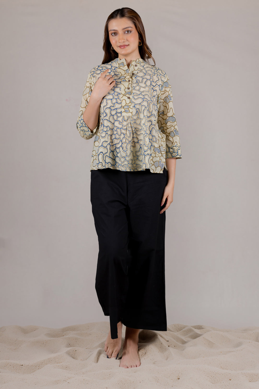 Ajrakh Cotton Mandarin Collar Placket Top - Kai