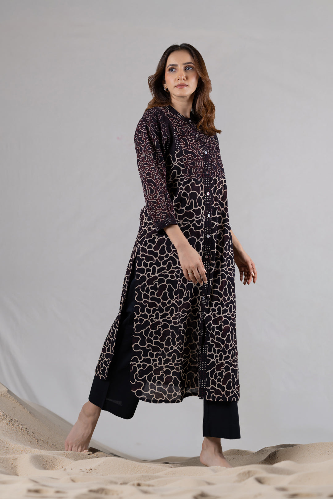 Ajrakh Cotton Round Neck Kurta in Black - Kai