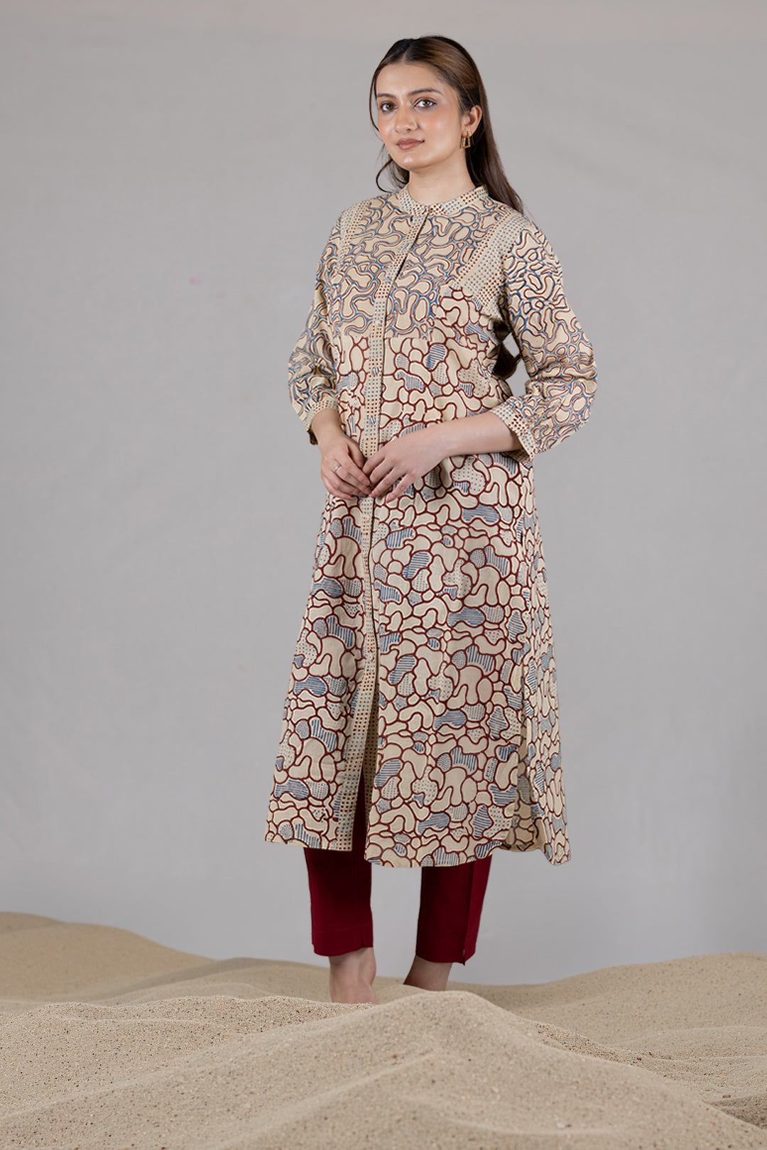 Ajrakh Cotton Round Neck Kurta with Placket - Kai