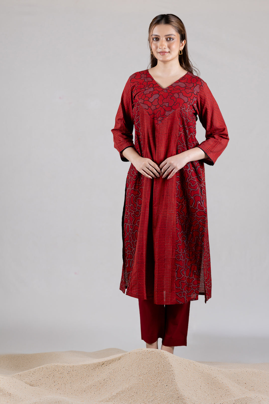 Ajrakh Cotton V-Neck Pleated Kurta in Maroon - Kai