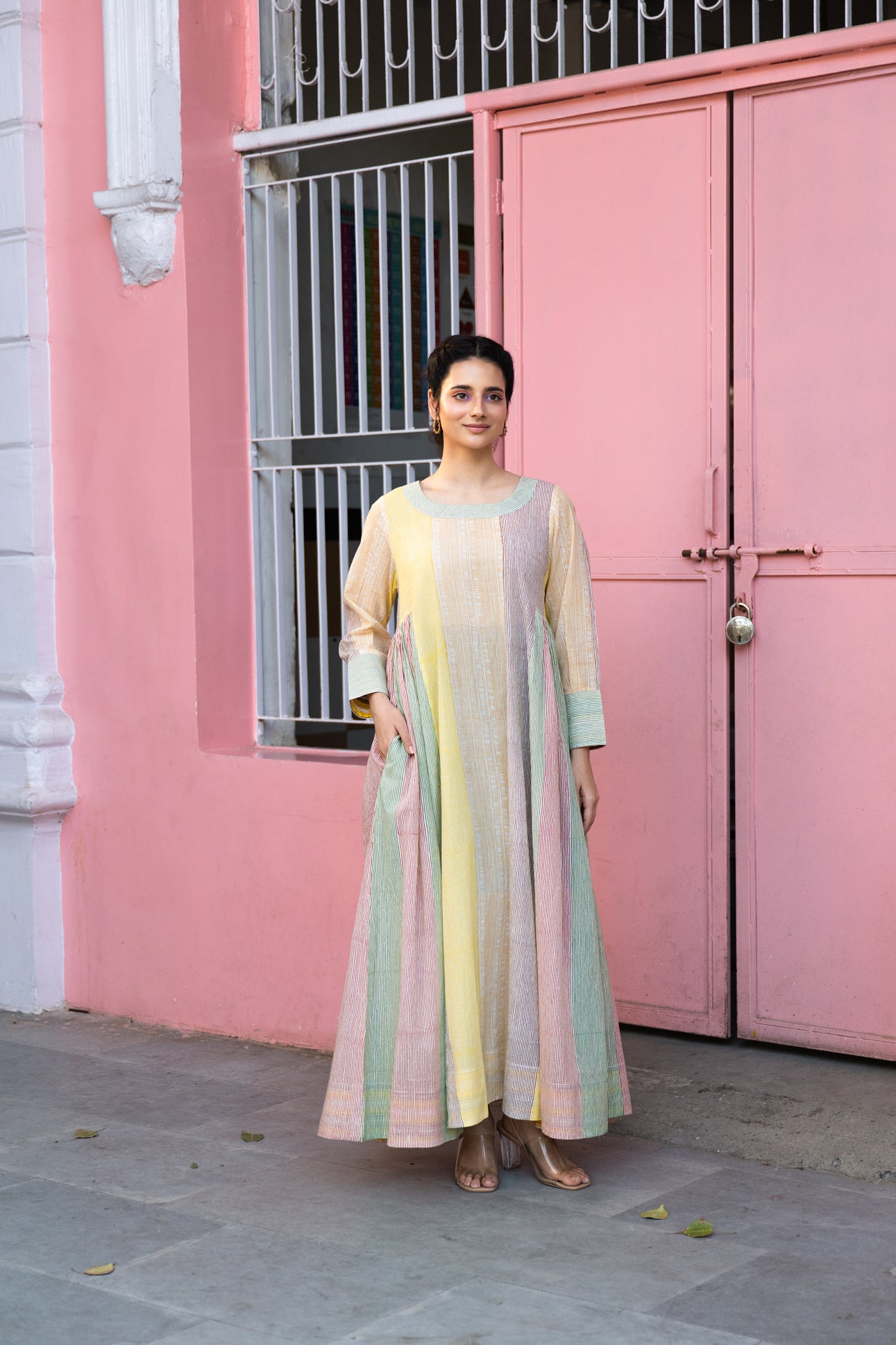Cotton Block Printed Full-Length Maxi Dress with Boat Neck – Kanak