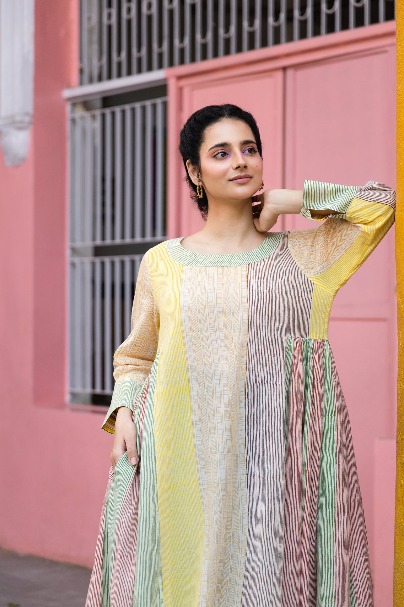 Cotton Block Printed Full-Length Maxi Dress with Boat Neck – Kanak