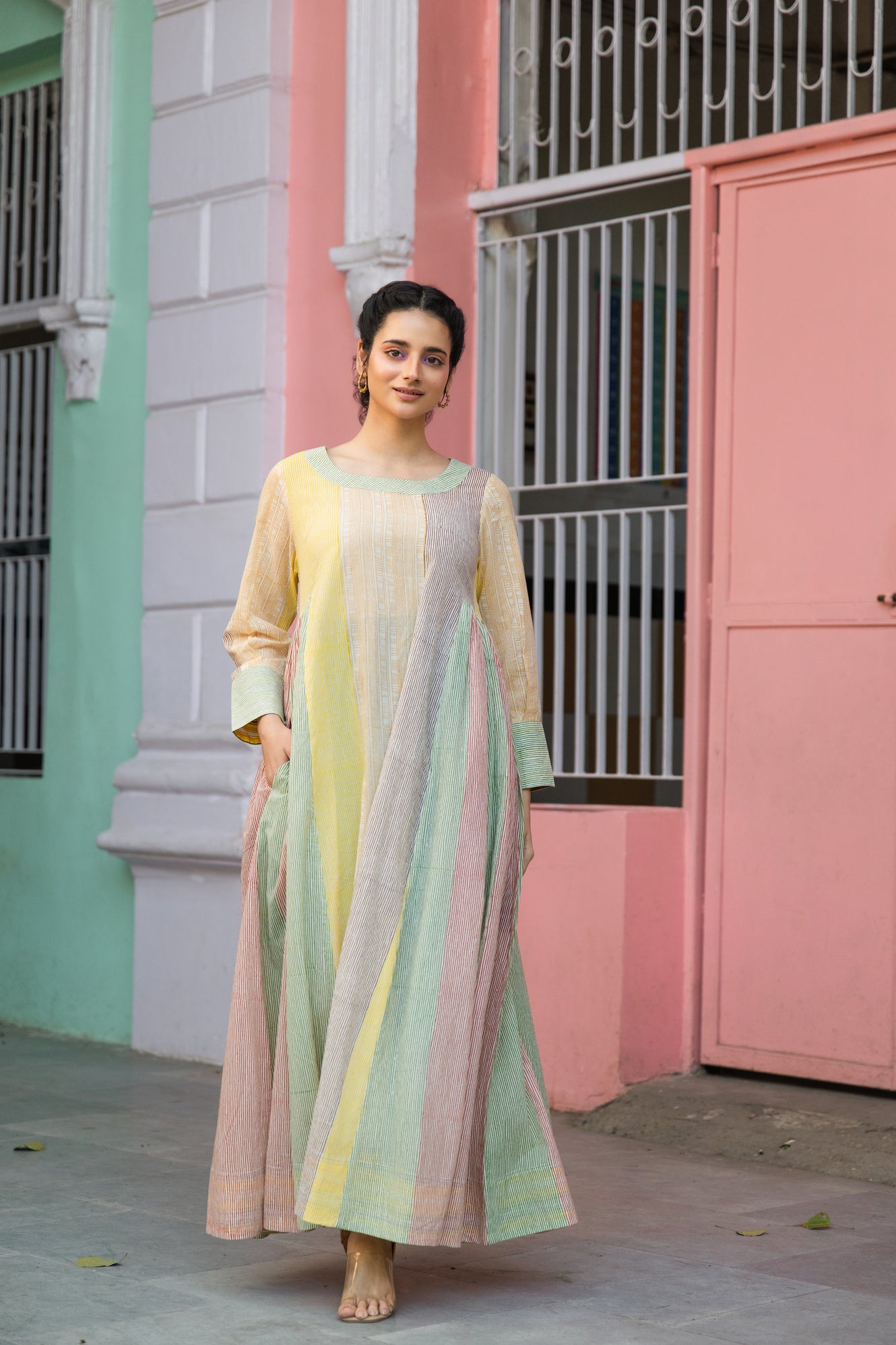Cotton Block Printed Full-Length Maxi Dress with Boat Neck – Kanak