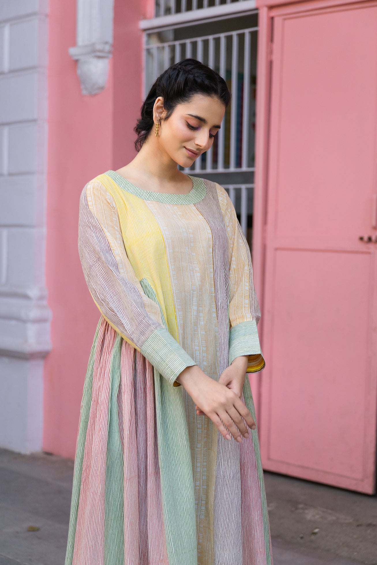 Cotton Block Printed Full-Length Maxi Dress with Boat Neck – Kanak