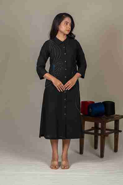 Hand Embroidered Handloom Cotton Shirt Dress in Black – Suchi