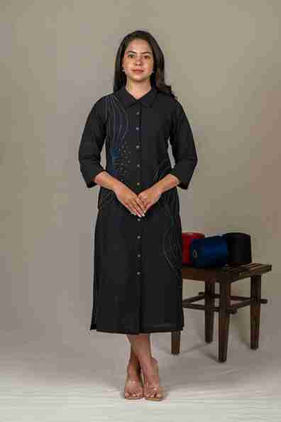 Hand Embroidered Handloom Cotton Shirt Dress in Black – Suchi