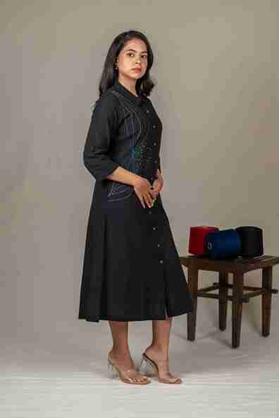 Hand Embroidered Handloom Cotton Shirt Dress in Black – Suchi