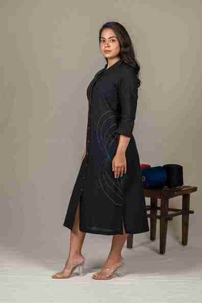 Hand Embroidered Handloom Cotton Shirt Dress in Black – Suchi