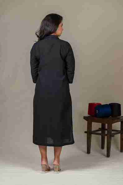 Hand Embroidered Handloom Cotton Shirt Dress in Black – Suchi