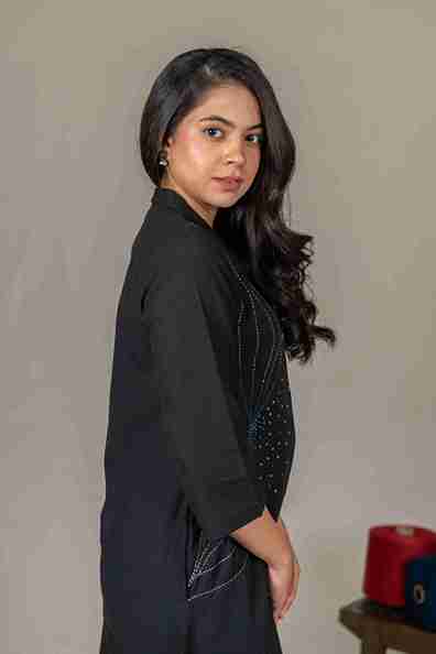 Hand Embroidered Handloom Cotton Shirt Dress in Black – Suchi