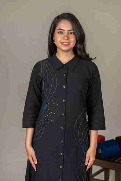 Hand Embroidered Handloom Cotton Shirt Dress in Black – Suchi