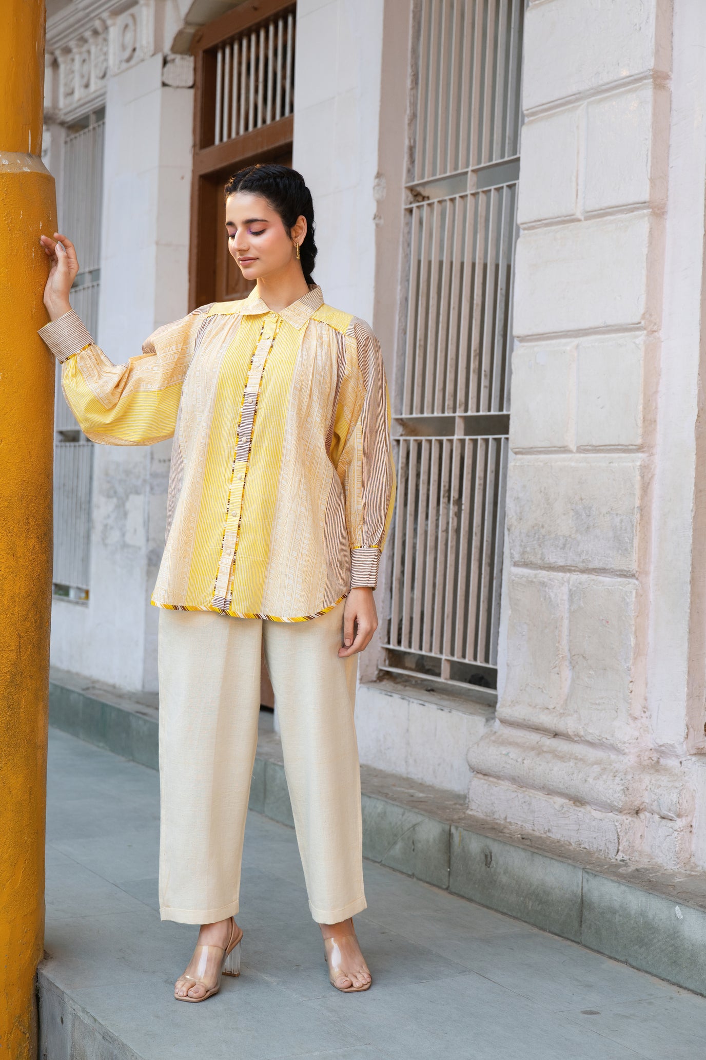 Cotton Block Print Striped Loose Fit Shirt with Full Sleeves – Kanak
