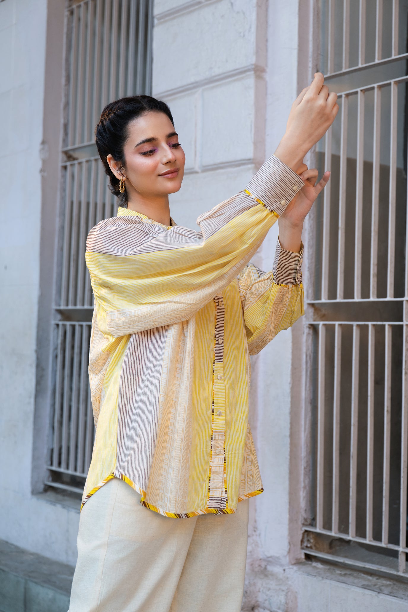 Cotton Block Print Striped Loose Fit Shirt with Full Sleeves – Kanak
